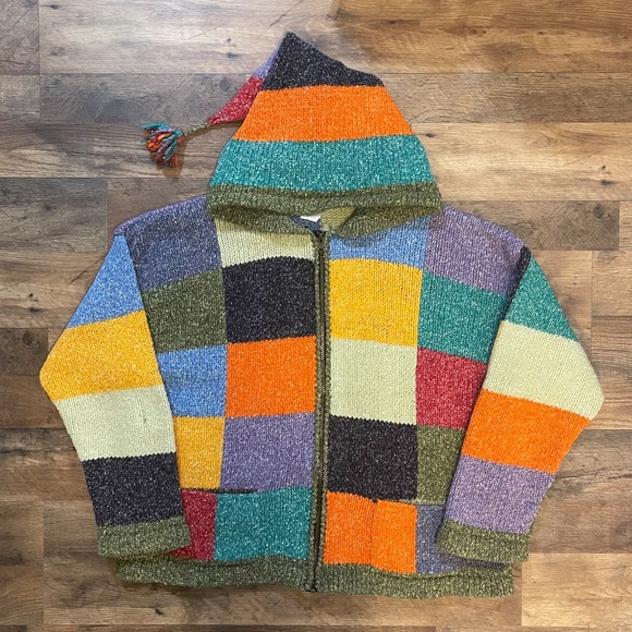 Vintage Sweaters - VTG | Patchwork Colorblock Wool Long Tassel Hood Cardigan